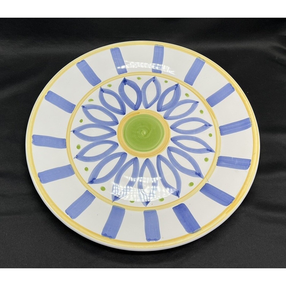 Pottery Barn Italy Hand Painted Ceramic Dinner Plate Blue Yellow Green 12‎ Inch